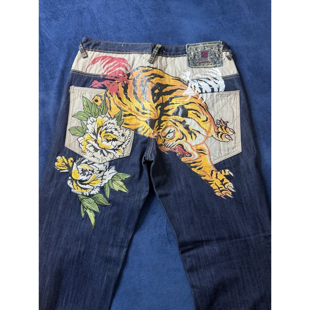 Vtg Kanji Premium Indigo Denim Jeans Mens 34x34 Y2K Baggy Custom Tiger Embroider